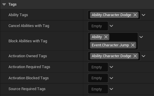 GA_Dodge Tag 配置 — Ability Tags、Cancel/Block Abilities with Tag