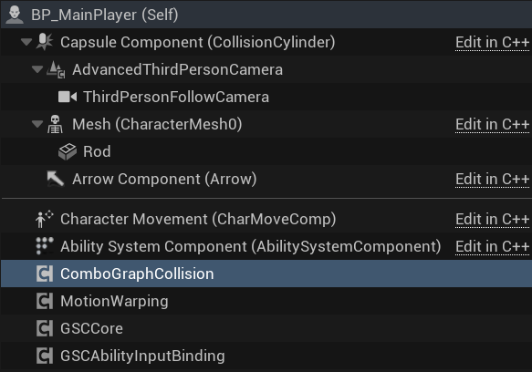 BP_MainPlayer Components 面板 — ComboGraphCollision 组件与 GAS 核心组件(AbilitySystemComponent、GSCCore 等)并列挂载