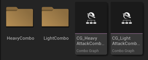 ComboGraph 资产文件夹结构(HeavyCombo / LightCombo 文件夹 + CG_HeavyAttackCombo / CG_LightAttackCombo 资产)