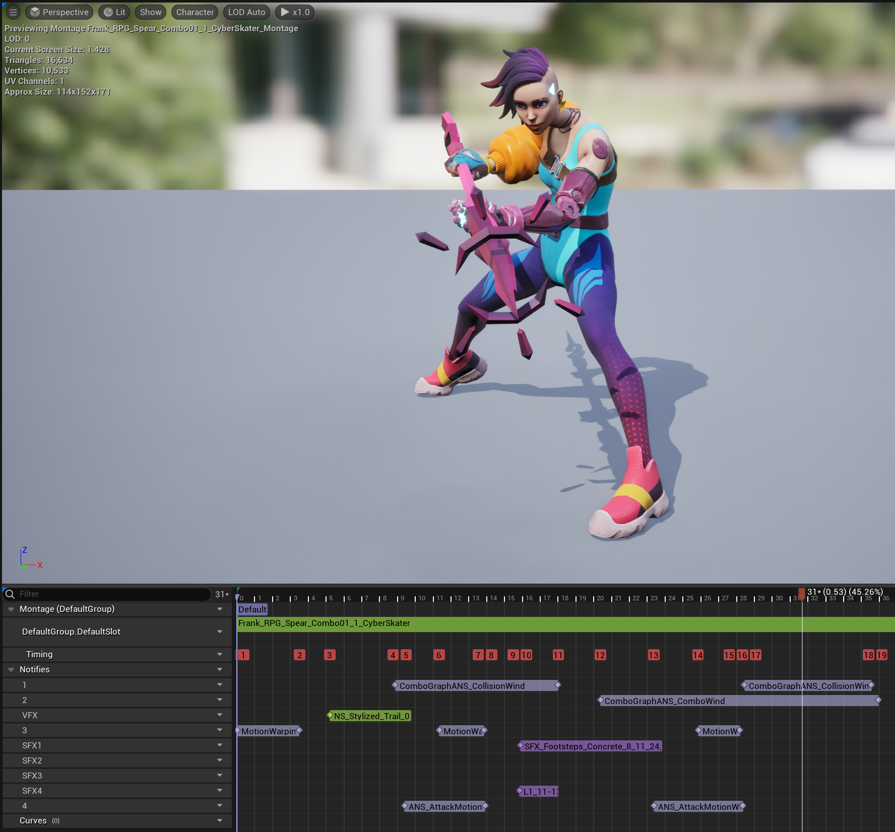 动画蒙太奇 AnimNotify 配置(CollisionWind ANS 判定窗口、MotionWarp、NS_Stylized_Trail 拖尾特效、SFX 音效轨道)