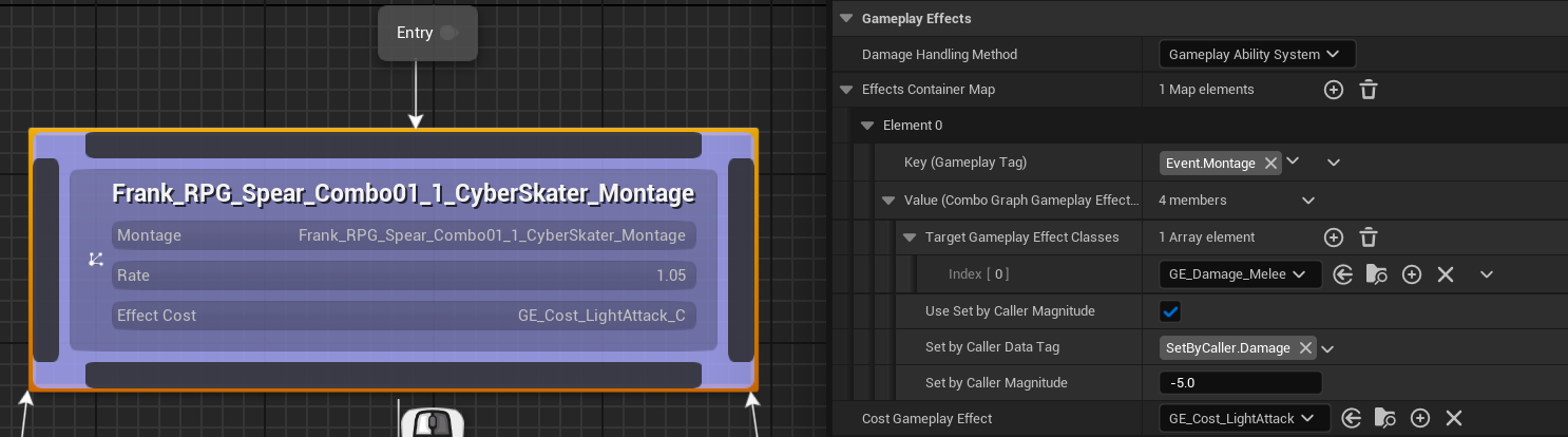ComboGraph 节点的 Gameplay Effects 配置(GE_Damage_Melee + Set by Caller 动态伤害值)