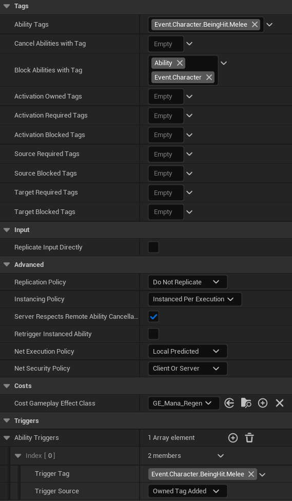 GA_HitReaction_Enemy_Melee Tags 配置(Trigger Source: Event.Character.BeingHit.Melee)