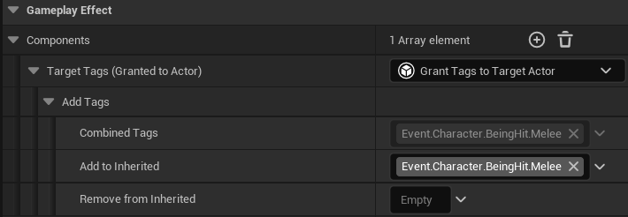 GE_HitReaction_Melee Target Tags 配置 — Grant Event.Character.BeingHit.Melee 给受击 Actor