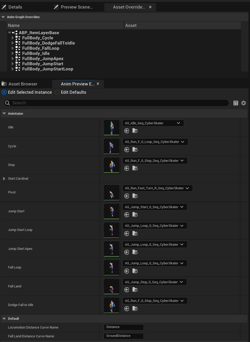ABP_LocomotionLayers Edit Defaults — 各状态插槽(Idle / Cycle / Start / Jog / JumpApex / FallLoop / FallLand / DodgeFallToIdle)指定具体动画序列资产