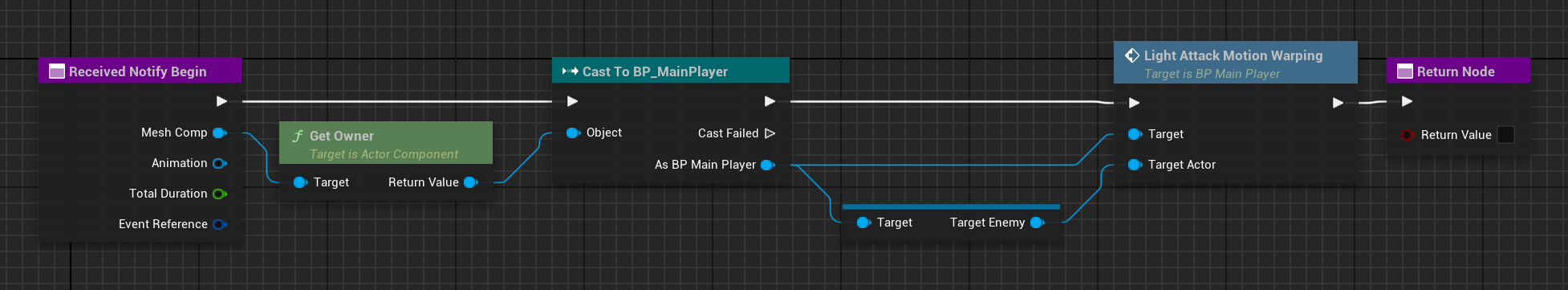 ANS Received Notify Begin 蓝图 — Get Owner → Cast To BP_MainPlayer → Light Attack Motion Warping(传入 Target Enemy)