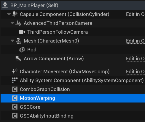 BP_MainPlayer Components 面板 — MotionWarping 组件与 ComboGraphCollision、GAS 核心组件并列挂载