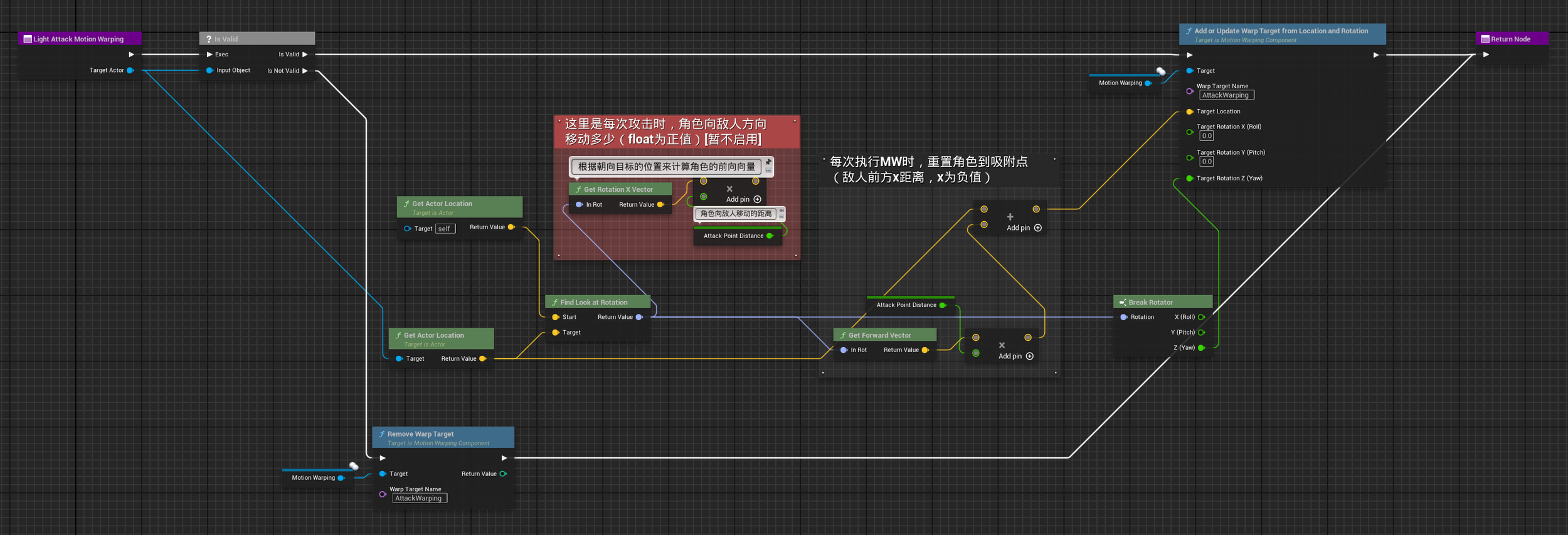 LightAttackMotionWarping 函数蓝图(落点计算:Find Look at Rotation + Attack Point Distance 修正)