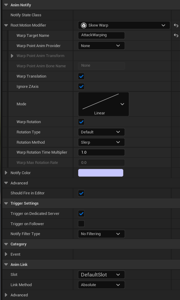 MotionWarping 内置通知状态配置面板(Warp Target Name=AttackWarping,Root Motion Modifier=Skew Warp,Position Time Multiplier=1.2)